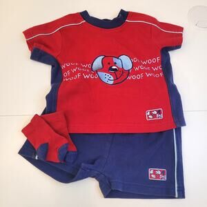 Vintage Toddler Outfit Red Blue Dog Woof Shirt Shorts Socks Set Size 3-6M
